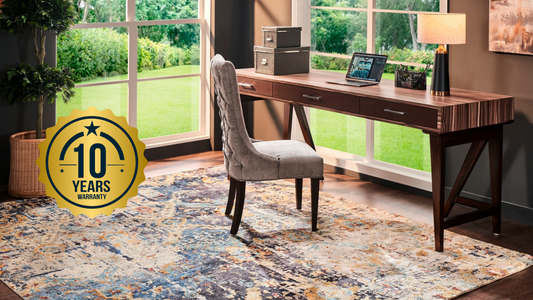 Imported area rug in home office with 10 year warranty label