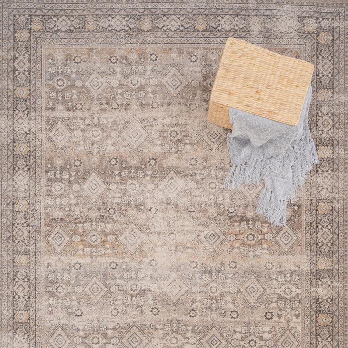 Basket on top of Acadia Collection area rug, wool with vintage details, in neutral tones