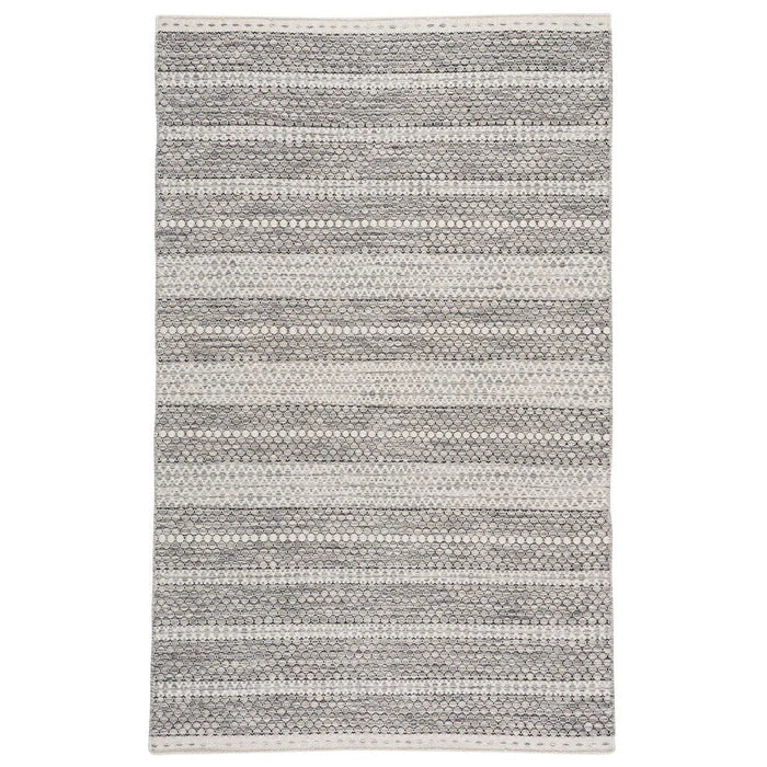 Full view of hand woven imported wool rug from Alpine Collection with gray tones.