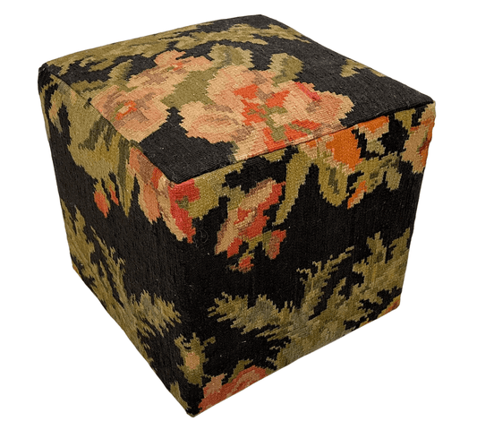 Moldovian Kilim Cube Ottoman (19x18x18) black