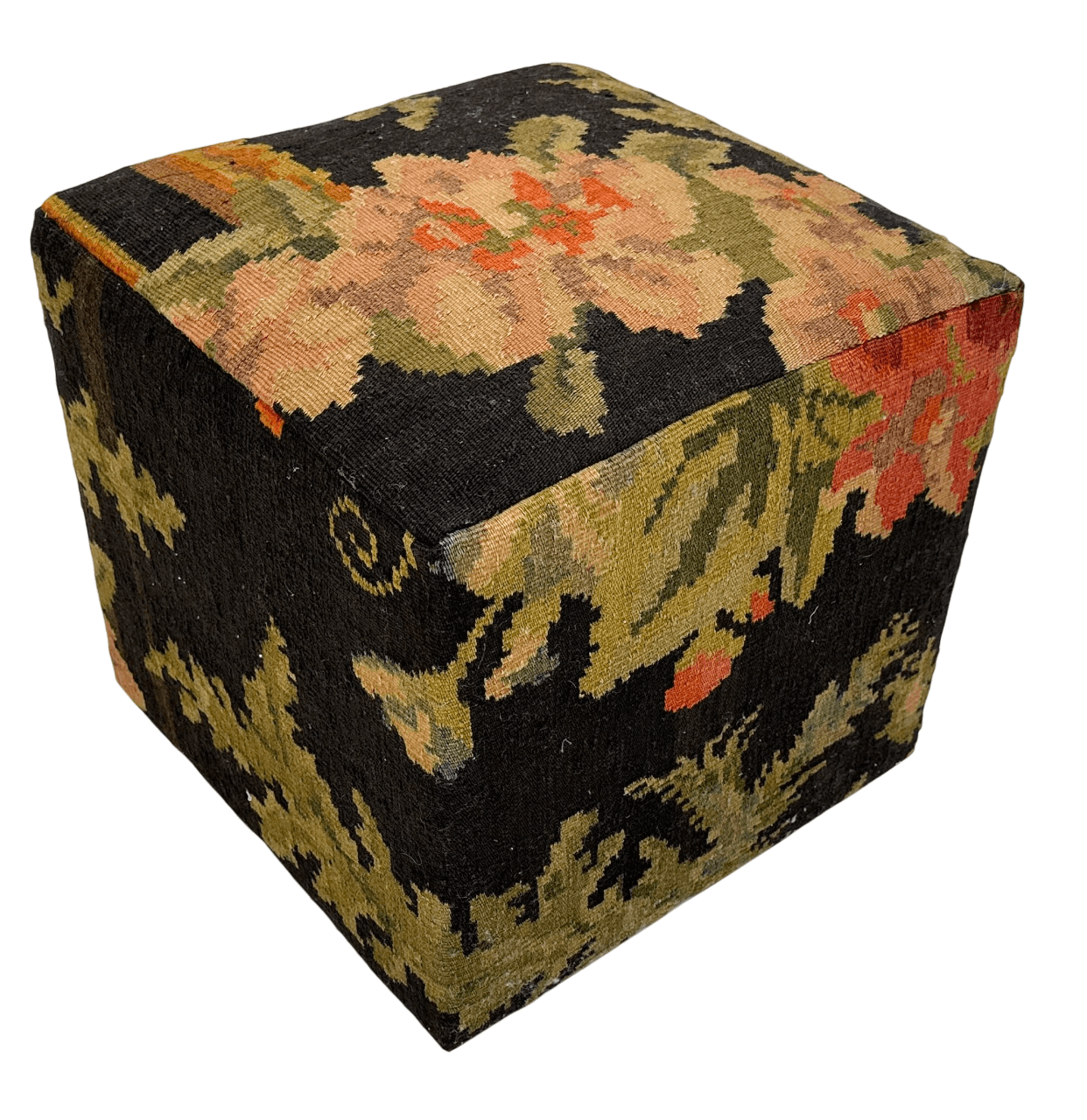 Moldovian Kilim Cube Ottoman (19x18x18) black