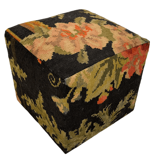 Moldovian Kilim Cube Ottoman (19x18x18) black