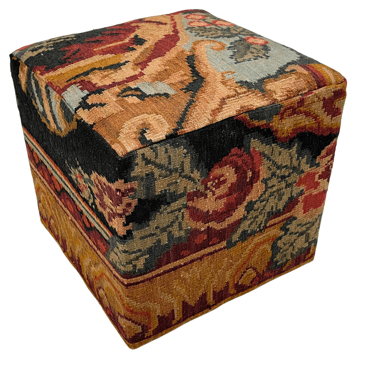 Moldovian Kilim Cube Ottoman (19x18x18) dk.red/black