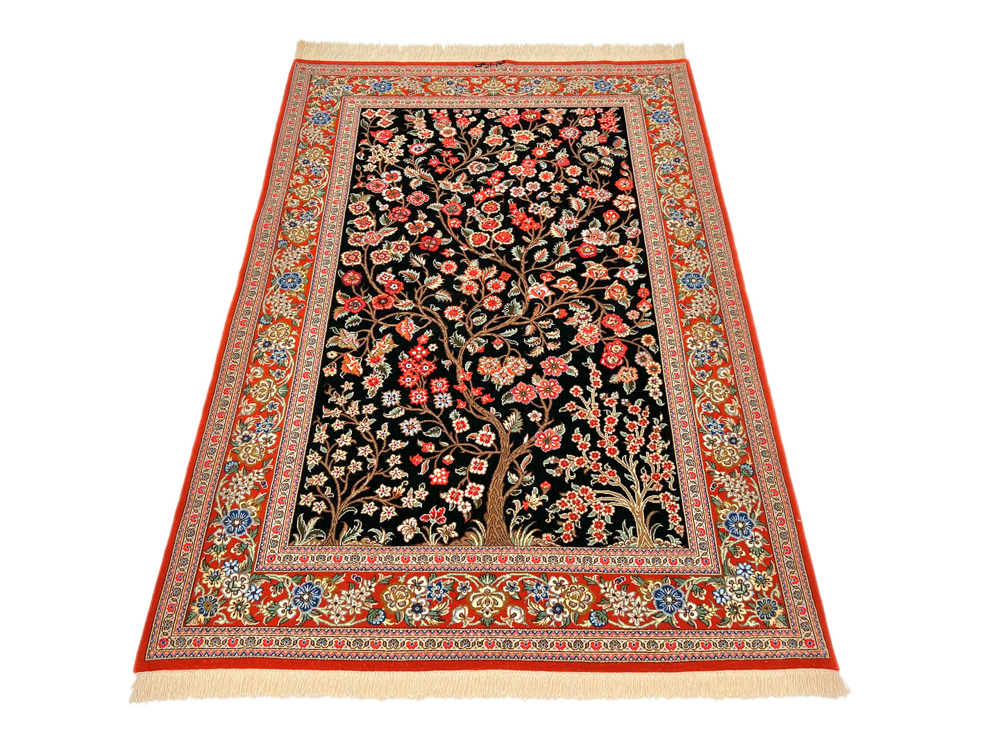 Qom w. silk Tree of Life 4'05"x6'06" red