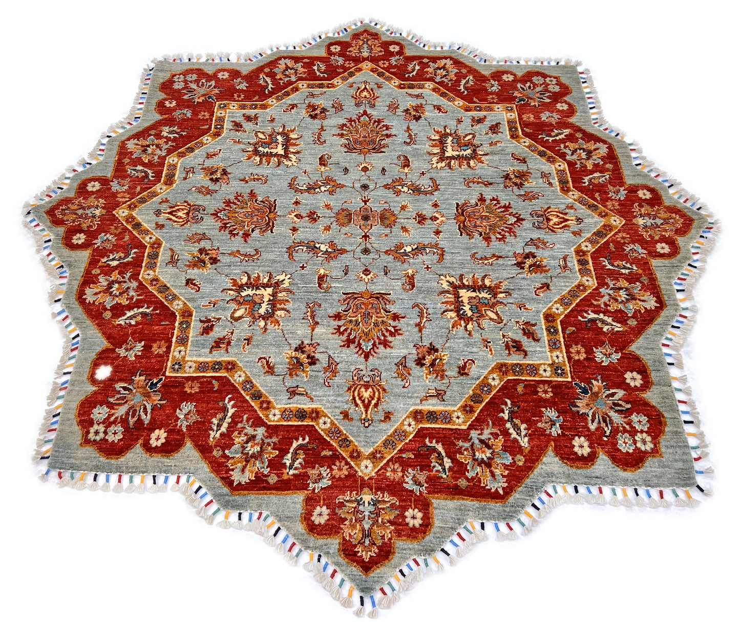 Afghan Made Scalloped Edge Rug (6'07"x6'08") gray/red