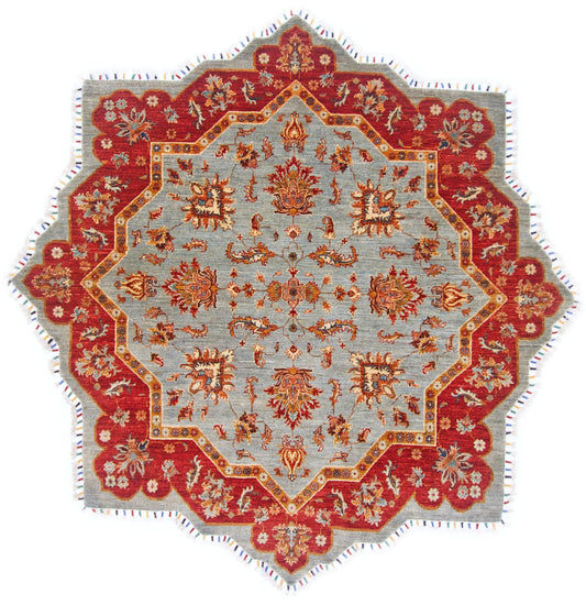 Afghan Made Scalloped Edge Rug (6'07"x6'08") gray/red