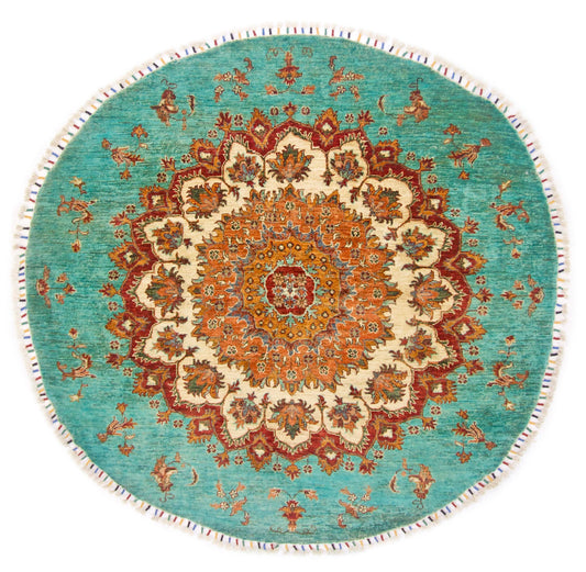 Afghan Made Round (5'07"x5'10") turquoise