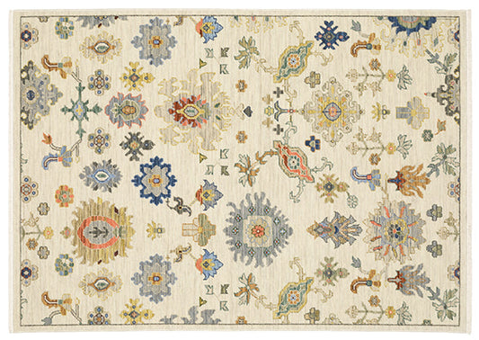 Laurel Collection - cream based wool rug with blue, orange and gold accent colors. 