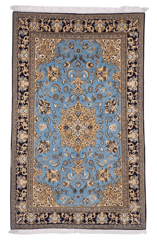 Qom w. silk 4'05"x7'00" ltblu/dkblu